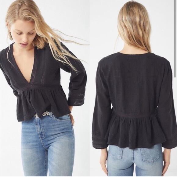 Urban Outfitters Isabella Embroidered Lace Babydoll Cropped Top Black Size Large - Picture 1 of 10